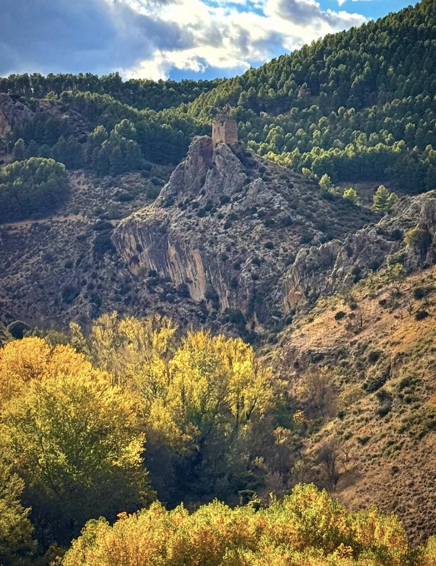 El torreón de la Casaza, vigilando el valle desde lo alto de una peña, con álamos amarillos en el otoño aragonés