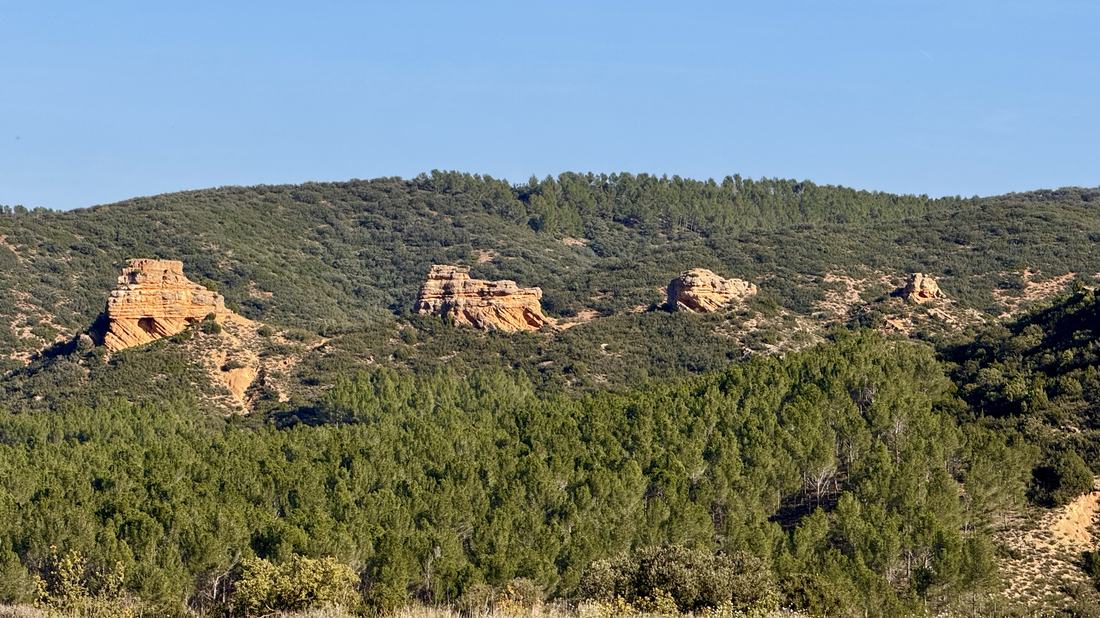 Los Torrejones, formaciones rocosas de piedra rojiza asomando entre el pinar al otro lado del embalse de Las Torcas