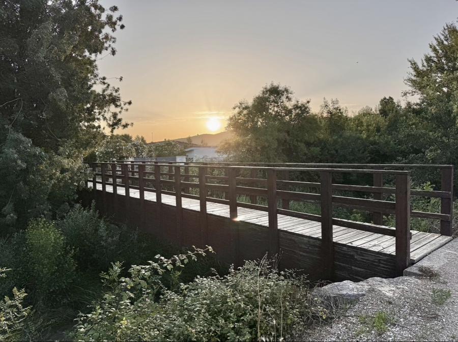 Pasarela de madera sobre el río Huerva al atardecer